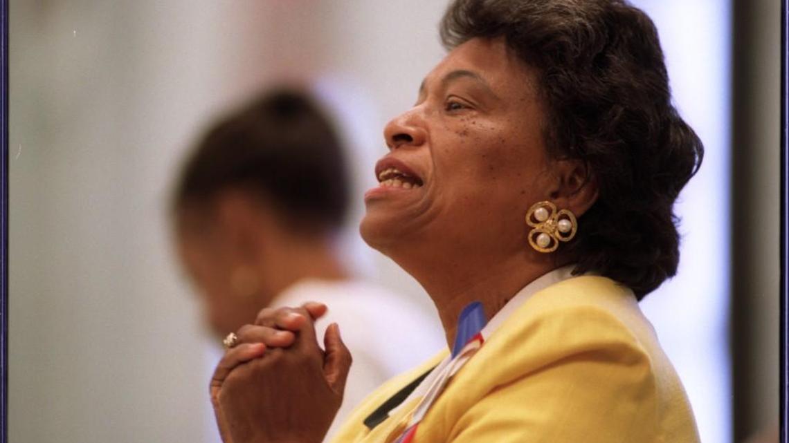 Then U.S. Rep. Eva Clayton takes part in a round table discussion on Inner-City Development with Area Ministers at the Halifax County Cooperative Extension Service in Halifax in 1998.