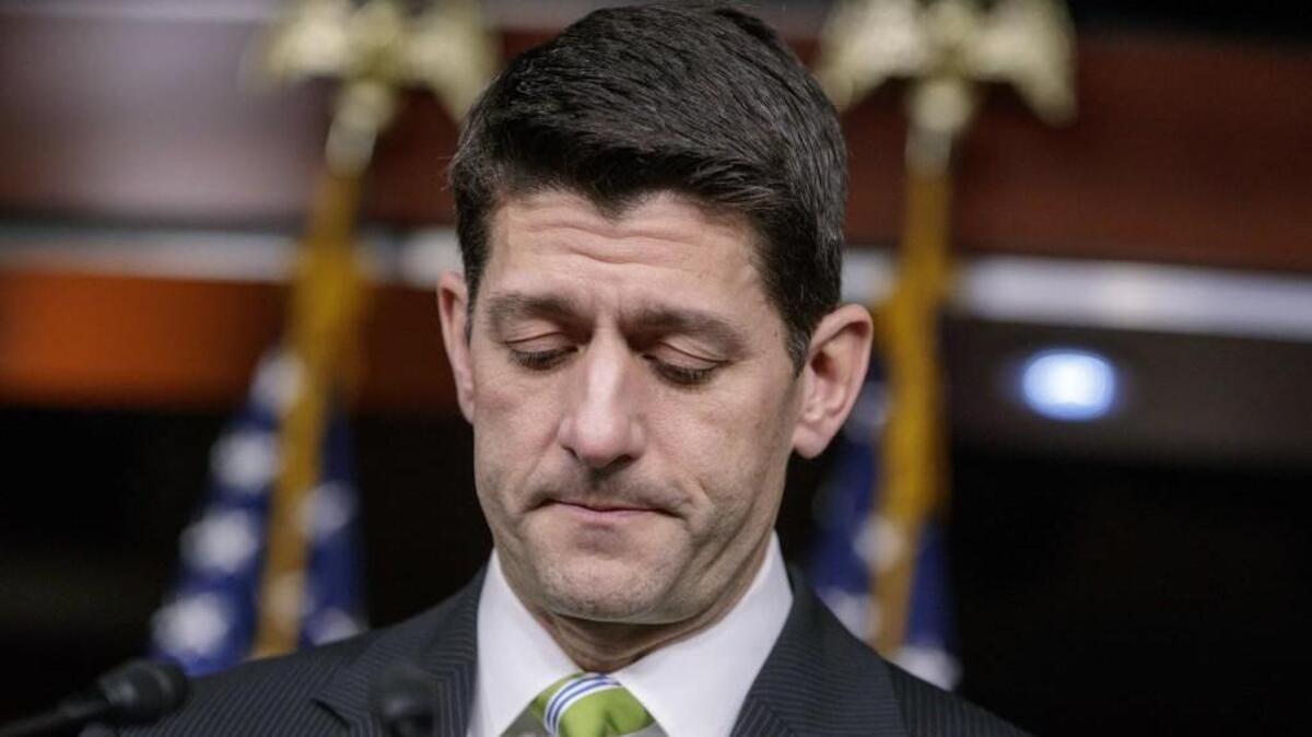 House Speaker Paul Ryan, R-Wis., pauses as he announces that he is pulling the troubled Republican health care overhaul bill off the House floor, short of votes and eager to avoid a humiliating defeat for President Donald Trump and GOP leaders, at the Capitol in Washington, on March 24.