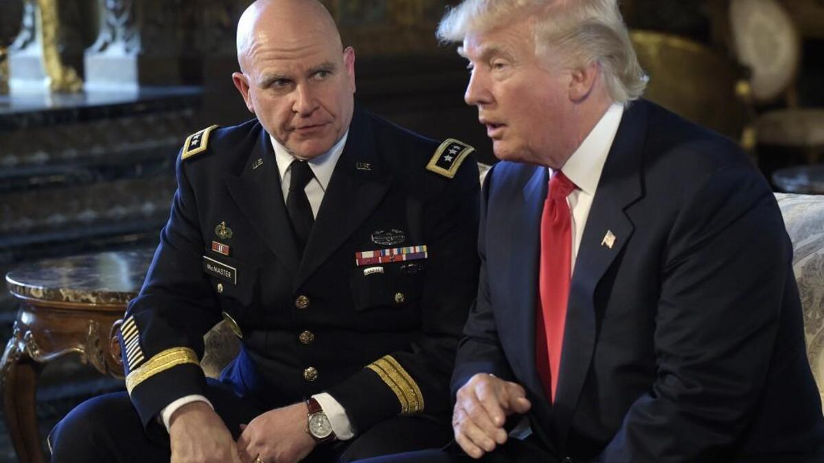 President Donald Trump, right, speaks as Army Lt. Gen. H.R. McMaster, left, listens at Trump’s Mar-a-Lago estate in Palm Beach, Fla., on Feb. 20, where Trump announced that McMaster will be the new national security adviser.