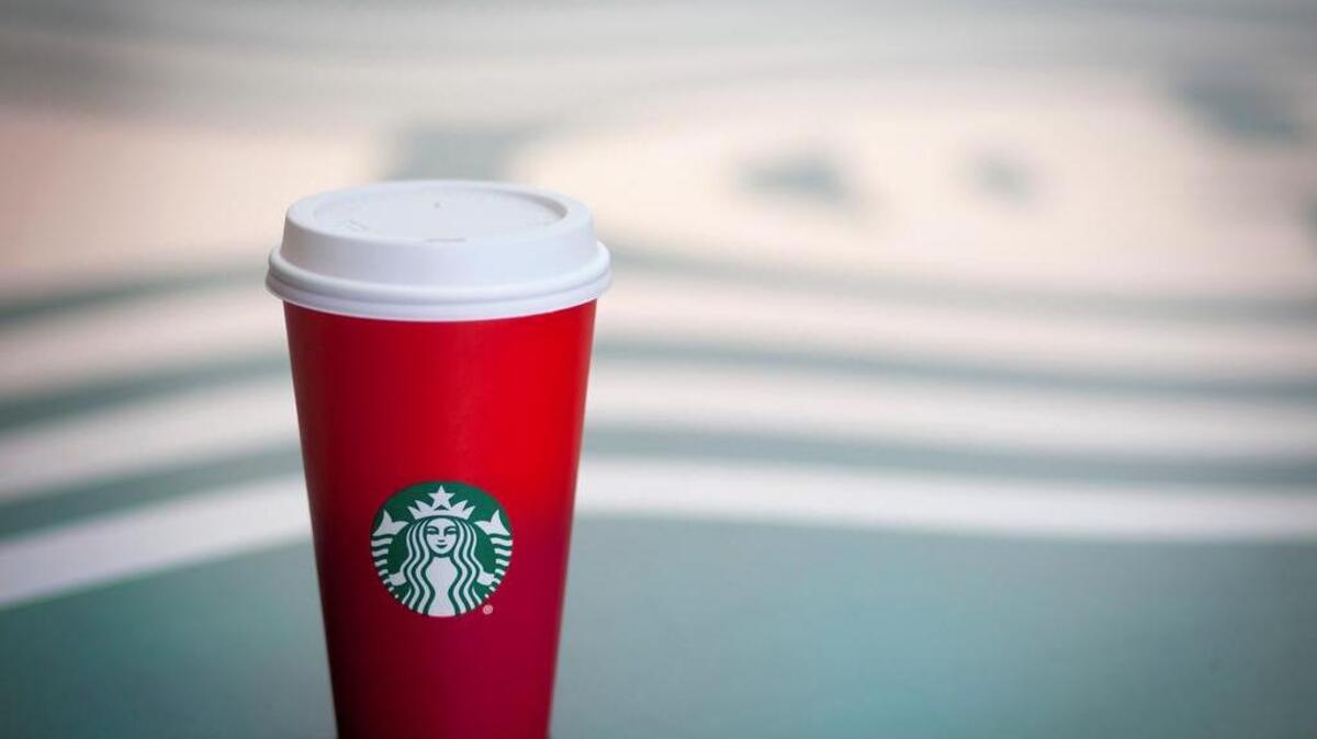 In an undated handout photo, the red holiday cup from Starbucks, devoid of the seasonal snowflakes, ornaments and reindeer of yore.