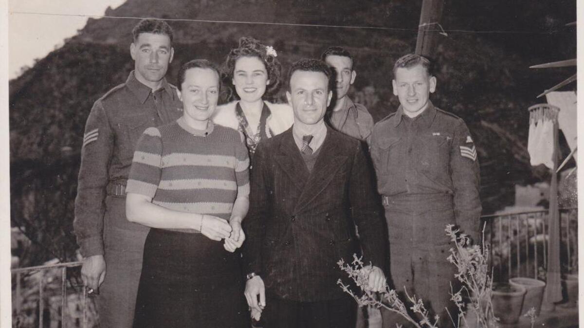 Pietro and Inger Tavernise with military officers in Positano, Italy, during Pietro’s service to the Allies