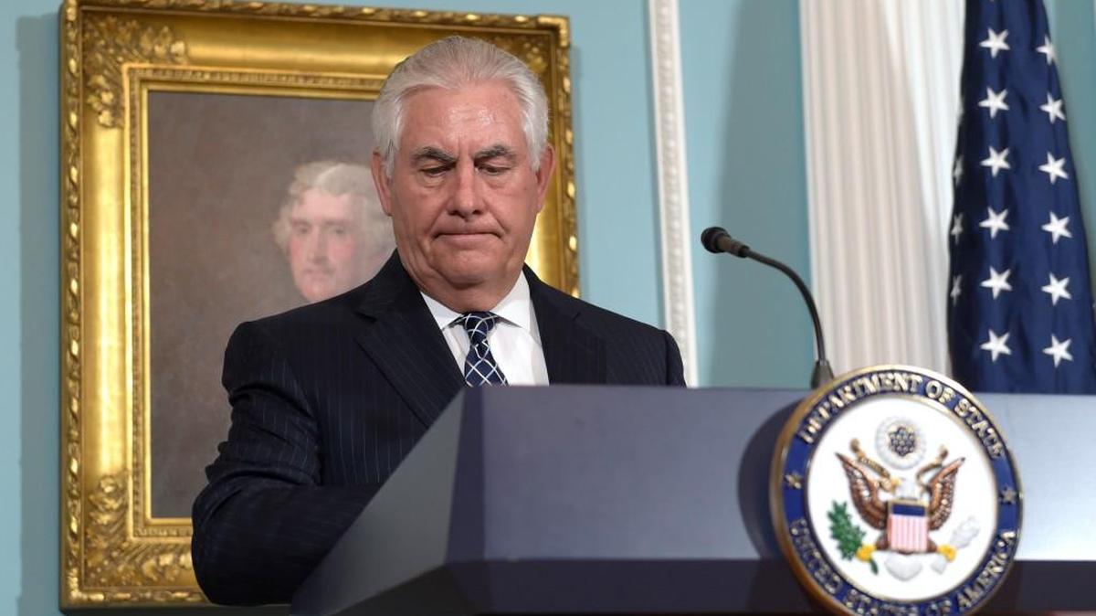 Secretary of State Rex Tillerson listens as he is asked a question about North Korea after he spoke on the release of the 2016 annual report on International Religious Freedom, Tuesday, Aug. 15, 2017, at the State Department in Washington.