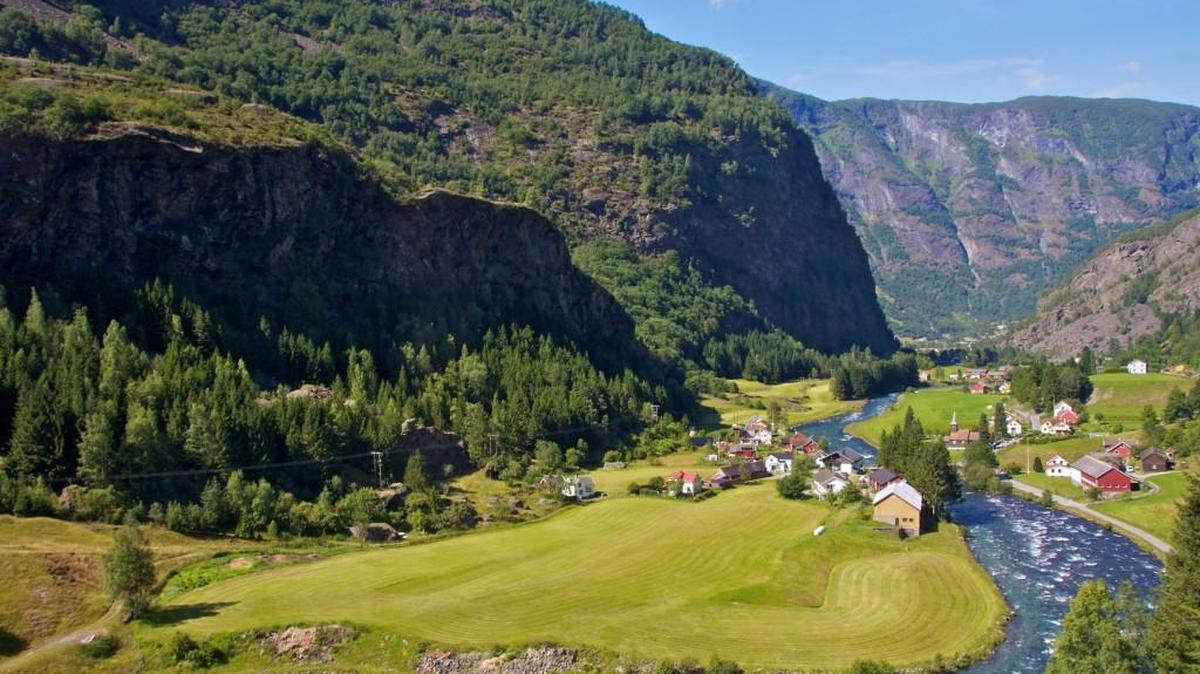 A view of the old village of Flam, Norway, from a train.