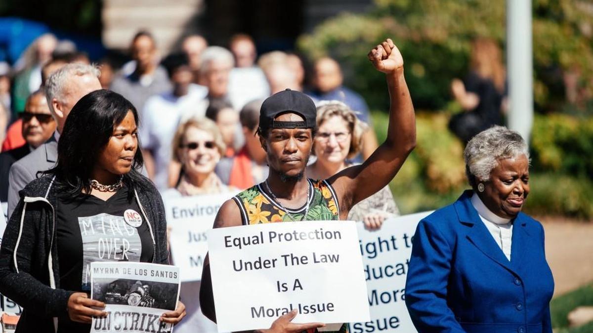 Protestors march to the North Carolina Capitol Building during a Moral Monday protest in Raleigh, N.C. on Monday, Sep. 12, 2016.