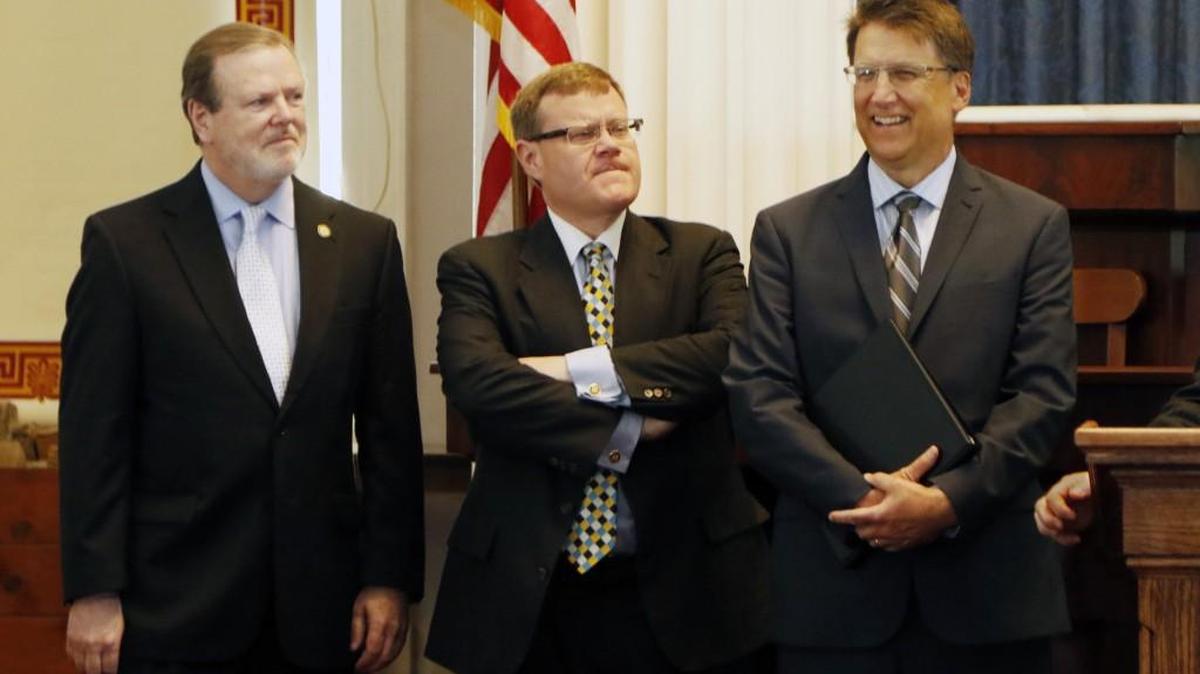 From left, North Carolina’s Republican leaders: Senate leader Phil Berger, House Speaker Tim Moore and Gov. Pat McCrory
