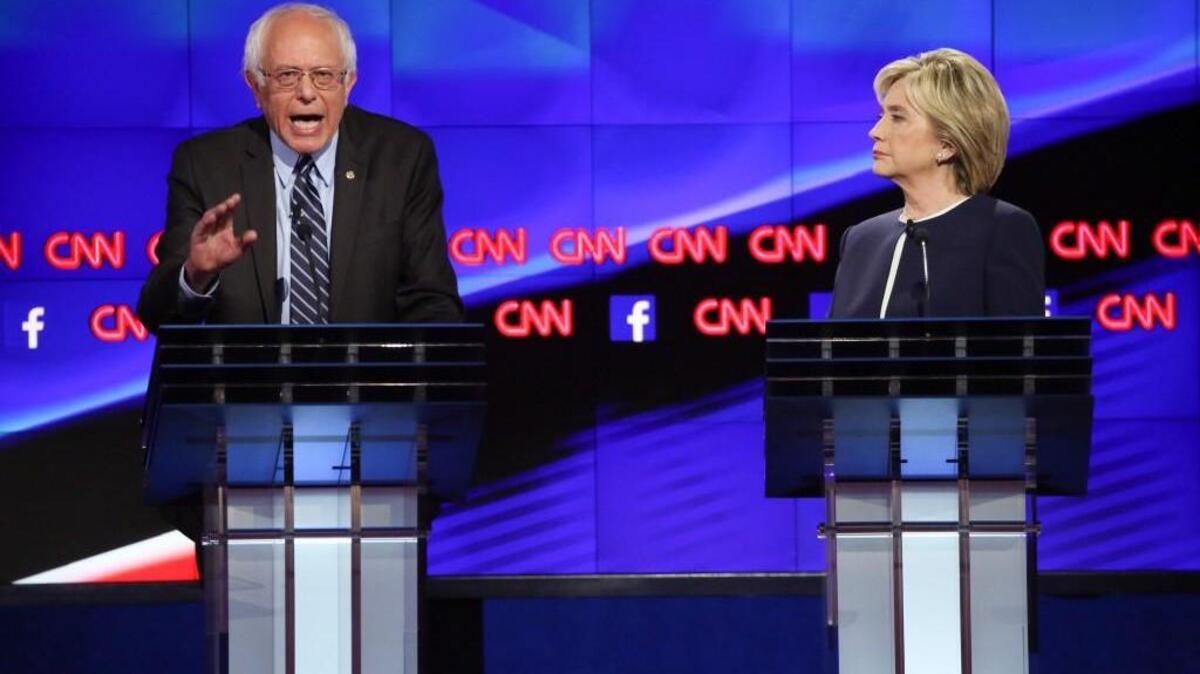 
Democratic presidential hopefuls Bernie Sanders and Hillary Rodham Clinton during the Democratic presidential debate hosted by CNN.
