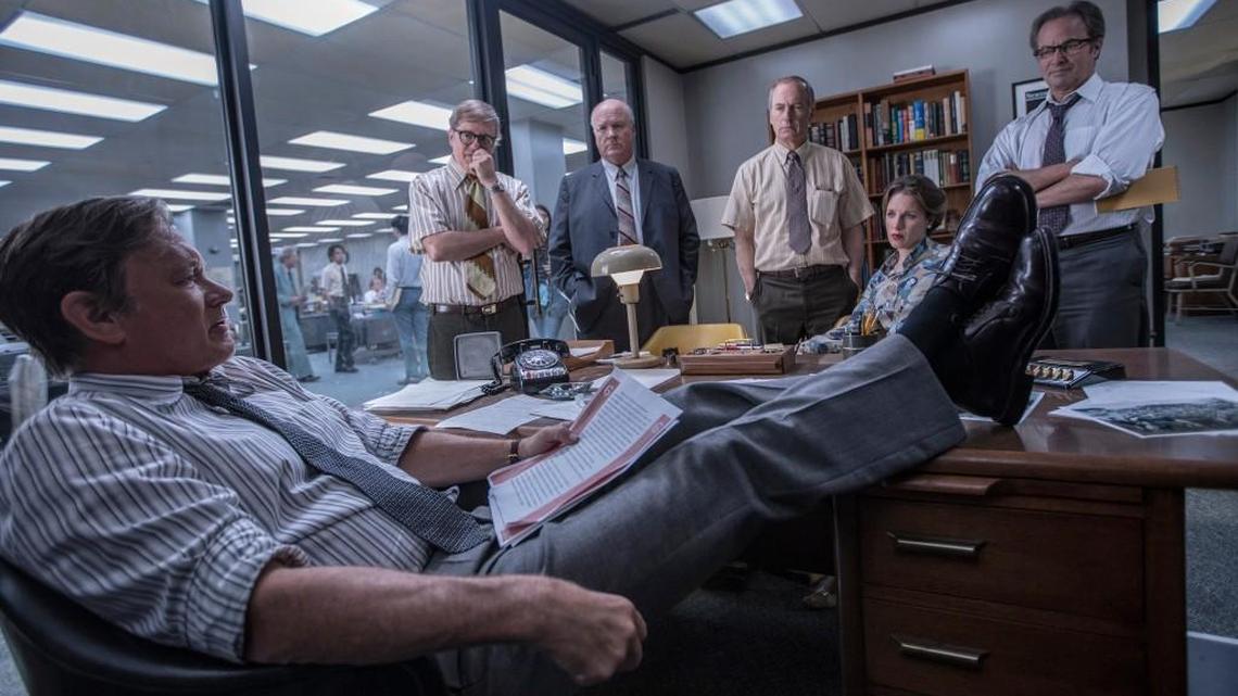 From left, Tom Hanks (Ben Bradlee), David Cross (Howard Simons), John Rue (Gene Patterson), Bob Odenkirk (Ben Bagdikian), Jessie Mueller (Judith Martin), and Philip Casnoff (Chalmers Roberts) in a scene from the movie "The Post."