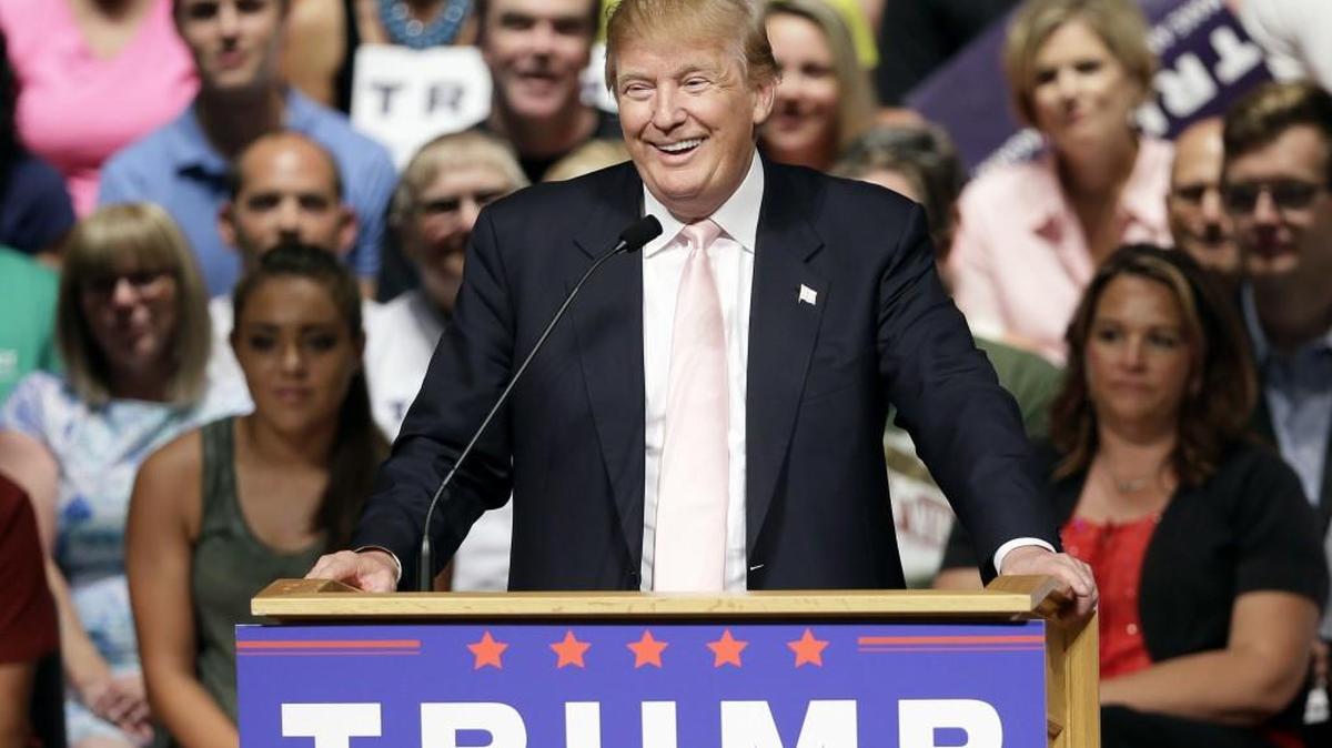 In this July 25, 2015 file photo, Republican presidential candidate Donald Trump speaks at a rally and picnic in Oskaloosa, Iowa.