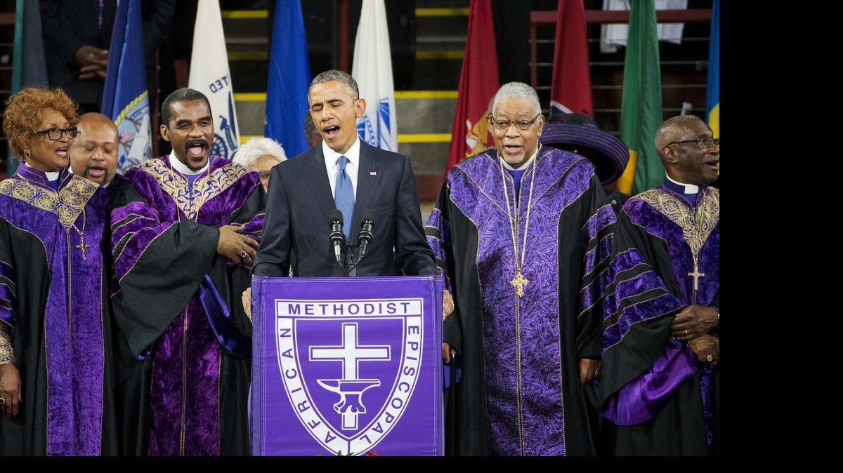
President Barack Obama sings “Amazing Grace” during services honoring the life of Rev. Clementa Pinckney.
