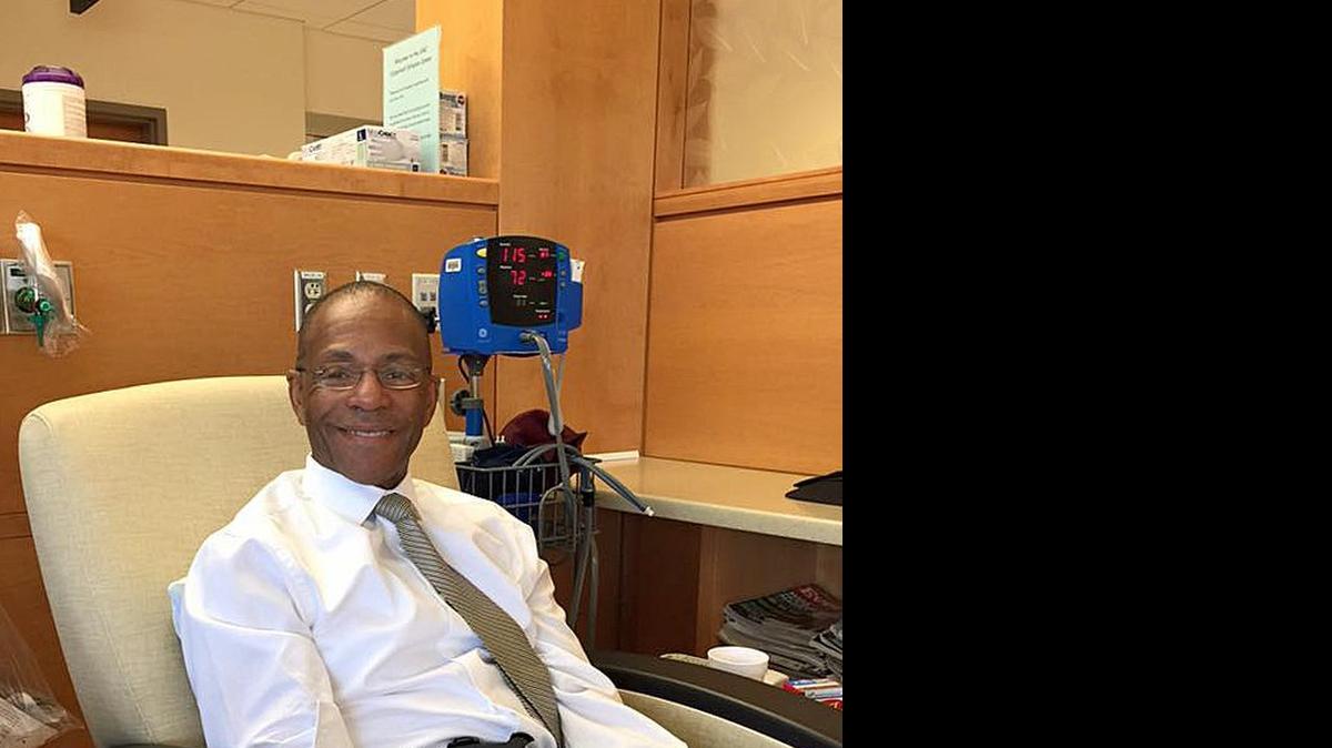 
Orange County Senior Resident Superior Court Judge Carl Fox is treated June 9, 2015, at UNC’s Lineberger Comprehensive Cancer Center in Chapel Hill. Fox is undergoing regular chemotherapy for Myelodysplastic Syndrome, a cancer in which the bone marrow fails to make enough healthy blood cells. He also is the focus of a community-based, bone marrow donor registration drive, “Save the Fox.”
