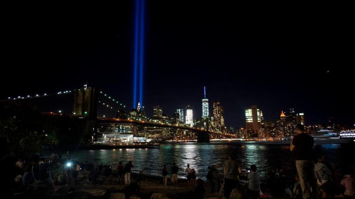 The Tribute in Light, viewed from the Brooklyn borough of New York, rises above the lower Manhattan skyline, Sunday, Sept. 11, 2016, in New York, the fifteenth anniversary of the terrorist attacks of Sept. 11, 2001 on the United States.