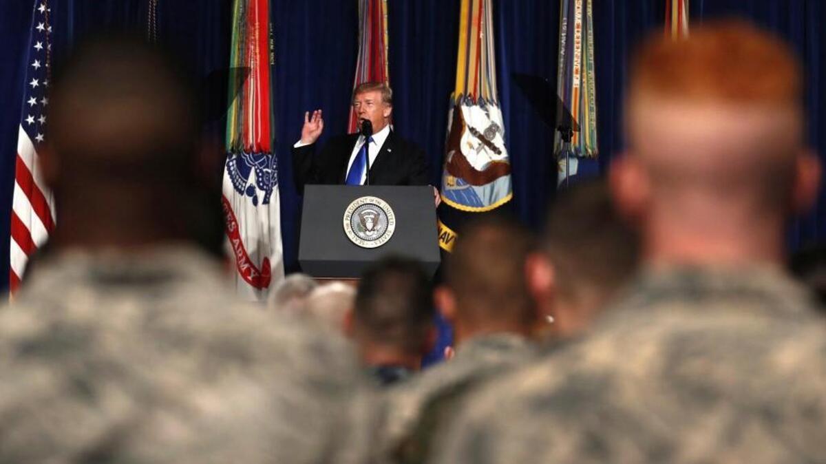 In this Aug. 21, 2017, file photo, President Donald Trump speaks at Fort Myer in Arlington Va., about U.S. strategy in Afghanistan.