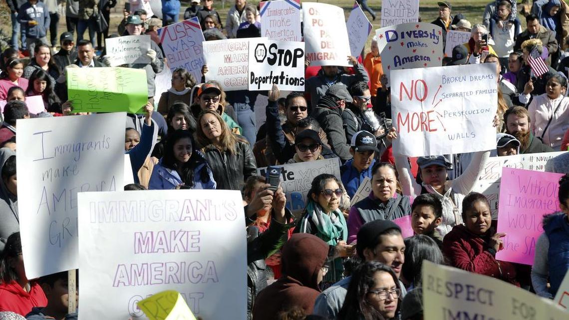 Hundreds come out to protest the federal government's immigration policies during a rally held at Moore Square in Raleigh, NC on Feb. 16, 2017. It was part of the nationwide “Day without immigrants” protest movement.