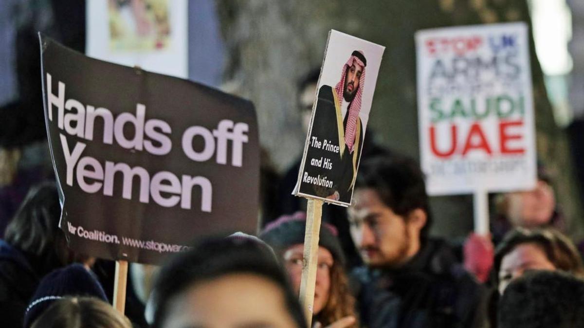 Protesters in Whitehall, London, demonstrate against the official visit by Saudi Arabia's Crown Prince Mohammed bin Salman, Wednesday March 7, 2018. Mohammed bin Salman received a royal welcome and high level political meetings, while being criticized by protesters against the war in Yemen, as he began a three-day visit to Britain on Wednesday.