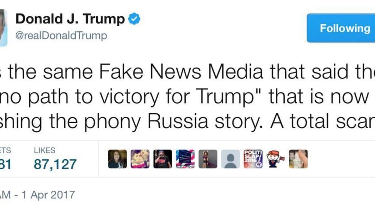 DAY 72 - In this April 1, 2017, tweet, President Donald Trump talks about the news media and what he calls "fake news." The president was in Washington on day 72, but had no events on his schedule and was not photographed.