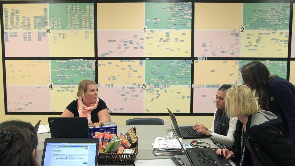 Second grade teachers at Cardinal Charter Academy in Cary, N.C., meet Wednesday, Dec. 2, 2015. On the wall is a data chart that shows how all the students in the school are doing.