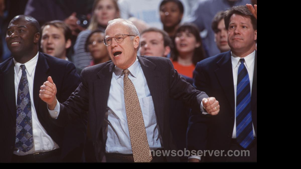 
UNC head coach Bill Guthridge argues an official's call during the Appalachian State game in the 97-98 season. 
