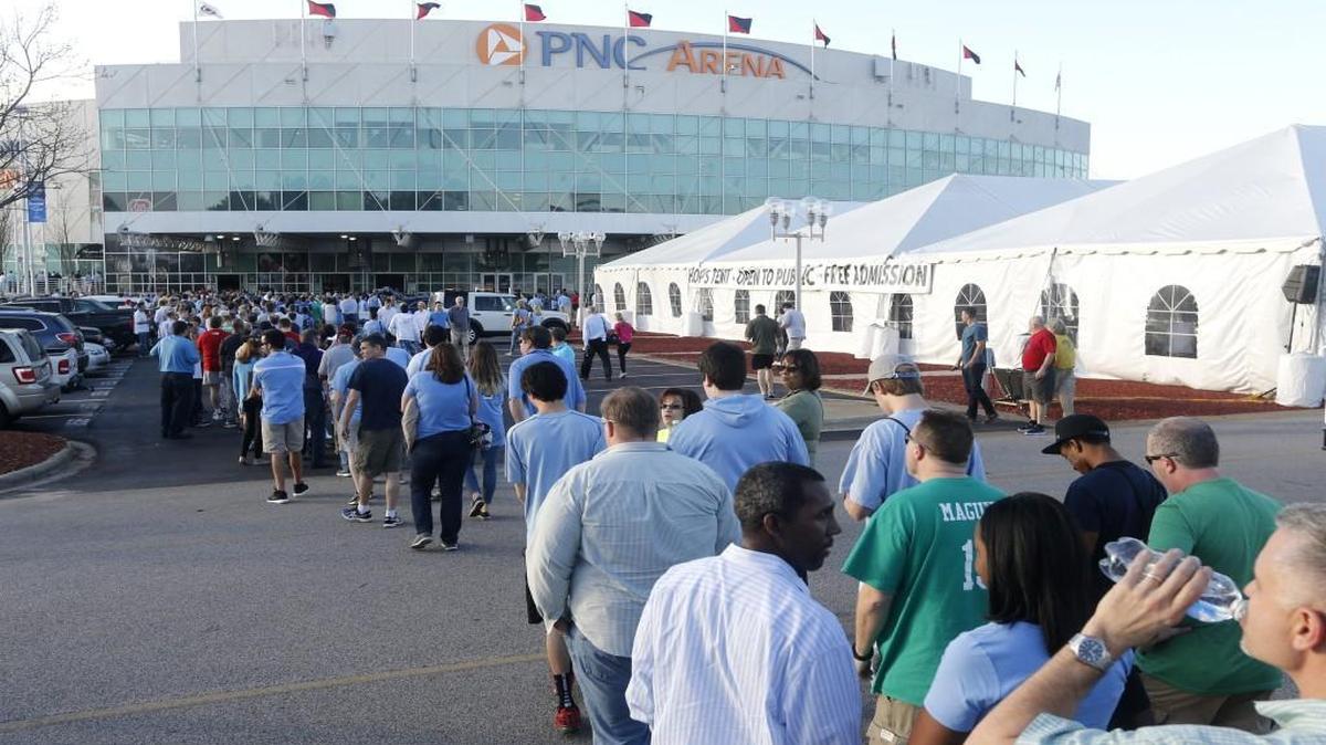 Fans line up outside PNC Arena before UNC's game against Florida Gulf Coast in the first round of the NCAA Division I Men's Basketball Championship.