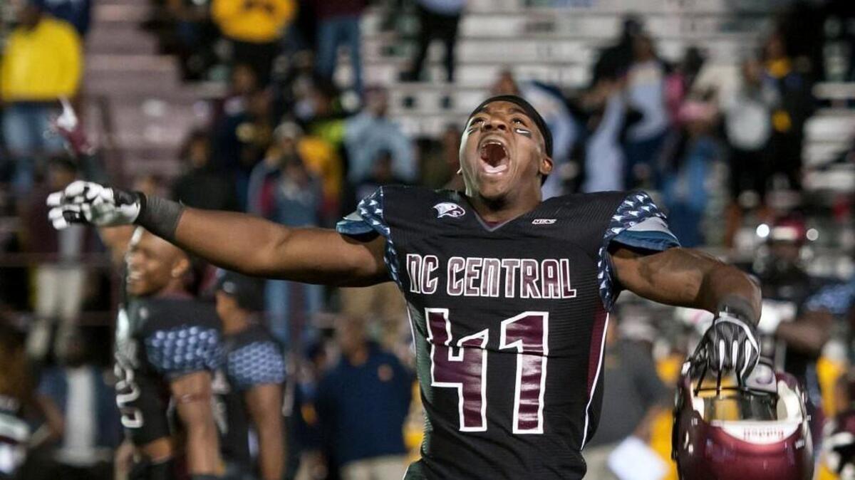North Carolina Central's Sam Richardson celebrates during the closing seconds against North Carolina A&T on Nov. 19, in Durham. Central won 42-21 and claimed the Mid-Eastern Athletic Conference championship. (Kaitlin McKeown/The Herald-Sun via AP)