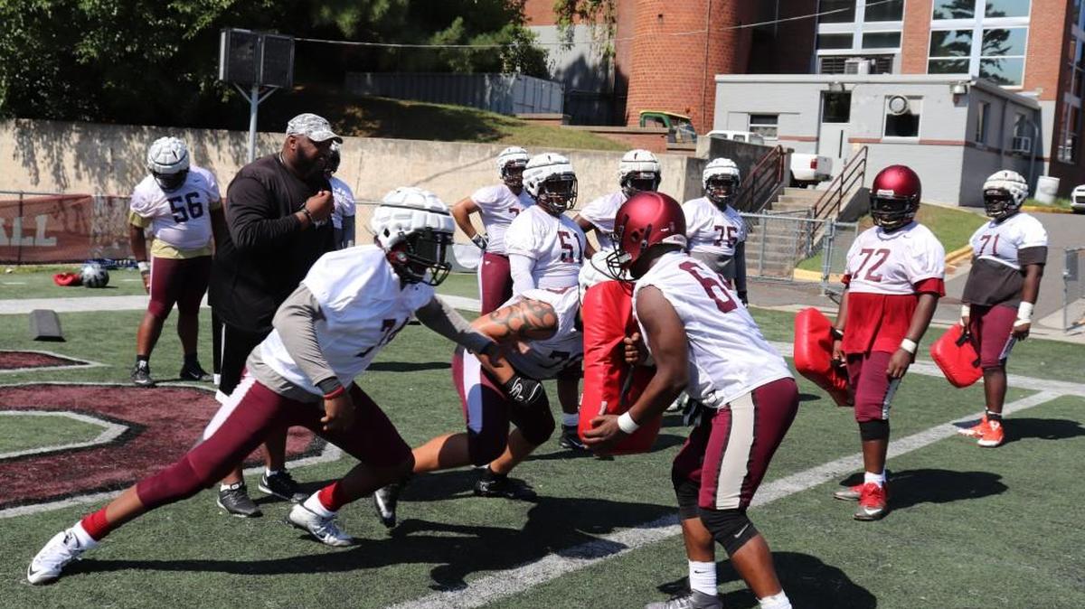 The North Carolina Central offensive line goes through drills. The Eagles return one starter up front, so this summer they spent their time bonding off the field.