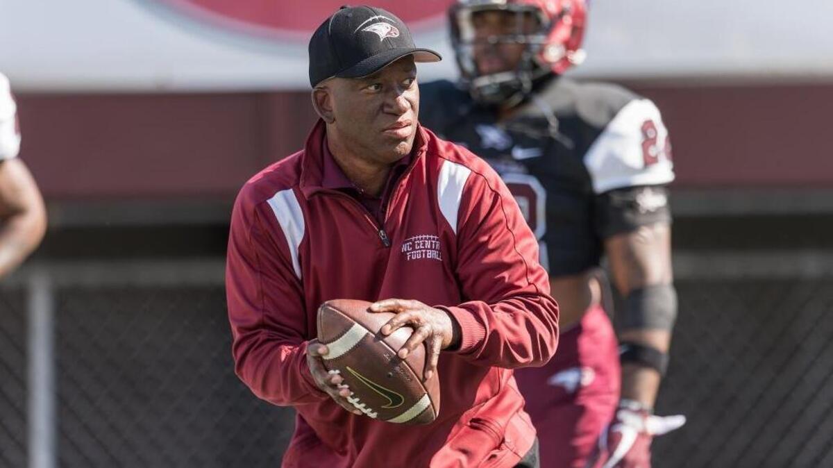 Granville Eastman puts the defensive backs through drills prior to N.C. Central’s game against Delaware State on Oct. 28. Eastman was named the Eagles’ interim head coach on Dec. 8.
