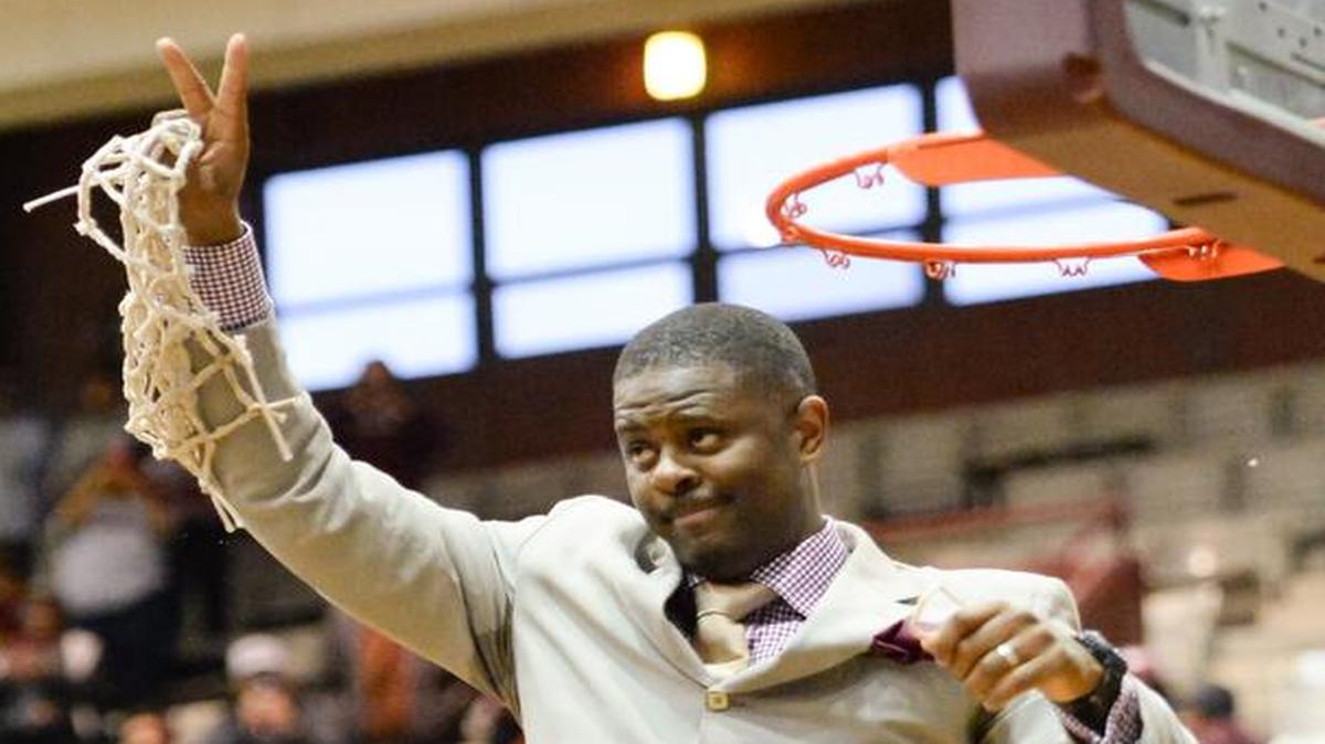 
N.C. Central coach LeVelle Moton cuts down the net after the Eagles clinched the MEAC regular-season title on Feb. 28. Moton assured fans Sunday that the team would treat the NIT like it was the NCAA tournament. “We really found out that the things that make you feel good in life, championships and love, are the same thing that can make you feel so bad as well,” Moton said. “But the true test of a man, is how he gets back up.”
