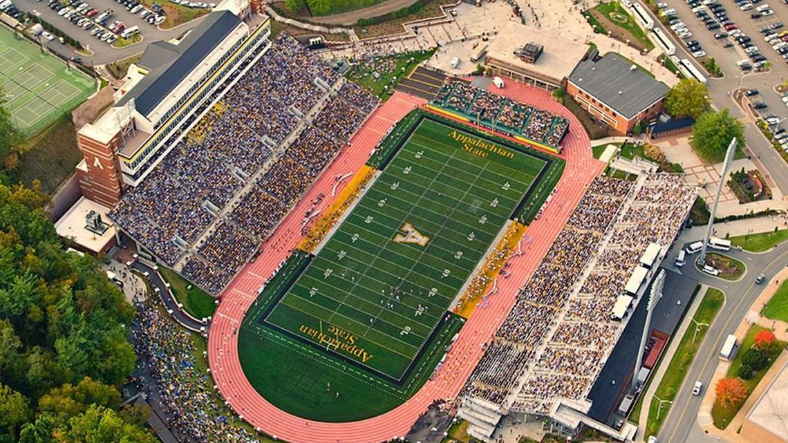 An aerial view of Appalachian State University’s Kidd Brewer Stadium in Boone, N.C.