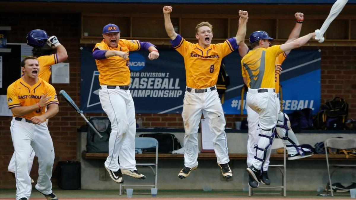 East Carolina baseball players celebrate after Travis Watkins hit a three-run home run in the bottom of the ninth inning to beat Virginia 8-6 in an NCAA college regional tournament baseball game in Charlottesville, Va..
