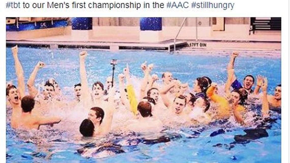 A Facebook post on ECU’s swimming and diving team’s page says ‘#tbt to our Men’s first championship in the #AAC #stillhungry.’