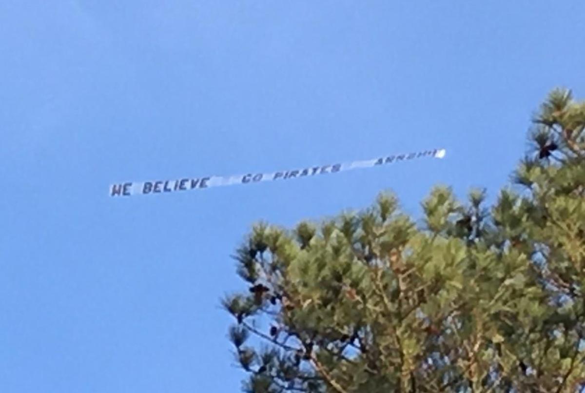 A photo of a supportive banner flown over Dowdy-Ficklen Stadium in Greenville, N.C. Saturday, Oct. 21, 2017.