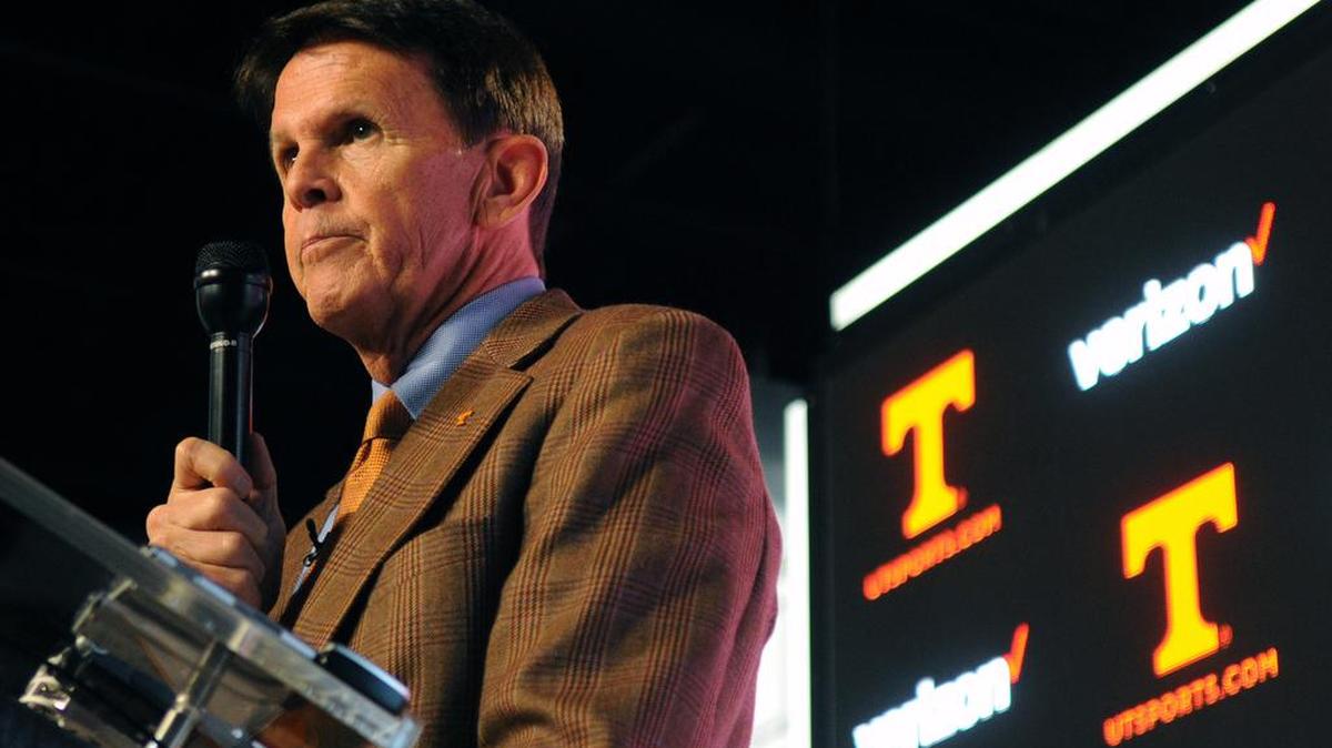 Tennessee athletic director Dave Hart listens to questions during a press conference at University of Tennessee's Ray & Lucy Hand Digital Studio in Knoxville, Tenn., last Thursday. Hart stood by his embattled football coach during the news conference Thursday at the university, two weeks after a federal lawsuit was filed Feb. 9 in Nashville alleging that Tennessee mishandles assault complaints against athletes.