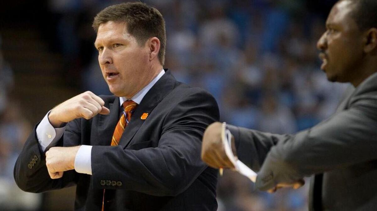 Clemson coach Brad Brownell works the officials for a traveling call during the first half against North Carolina on Wednesday, December 30, 2015 at the Smith Center in Chapel Hill.