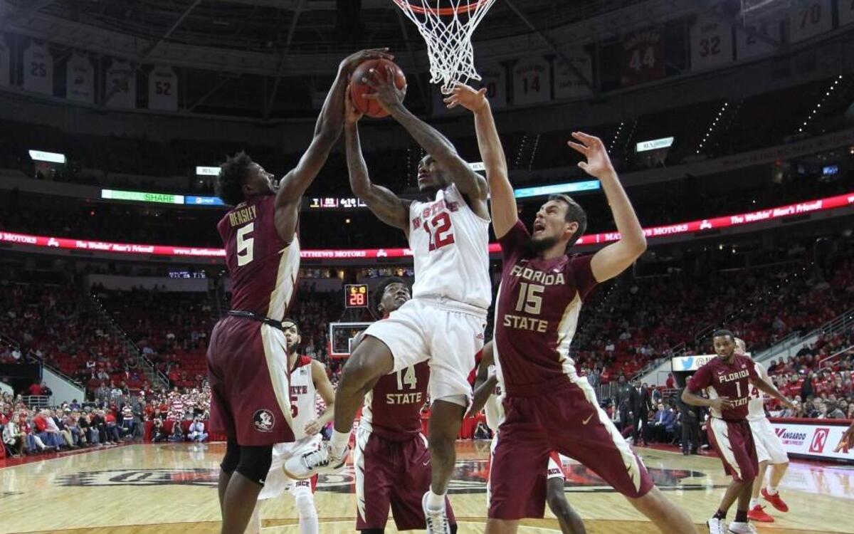 Florida State's Malik Beasley (5) blocks a shot by N.C. State's Cat Barber during Florida State's 85-78 victory on January 13, 2016. The Seminoles face Boston College, which is winless in ACC play this season, in the first round of the ACC Tournament.