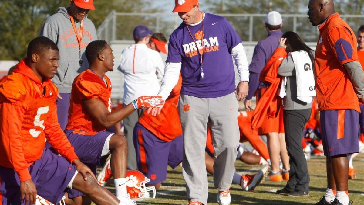 Clemson head coach Dabo Swinney leads practice at Scottsdale Community College in Scottsdale, Ariz., on Saturday.