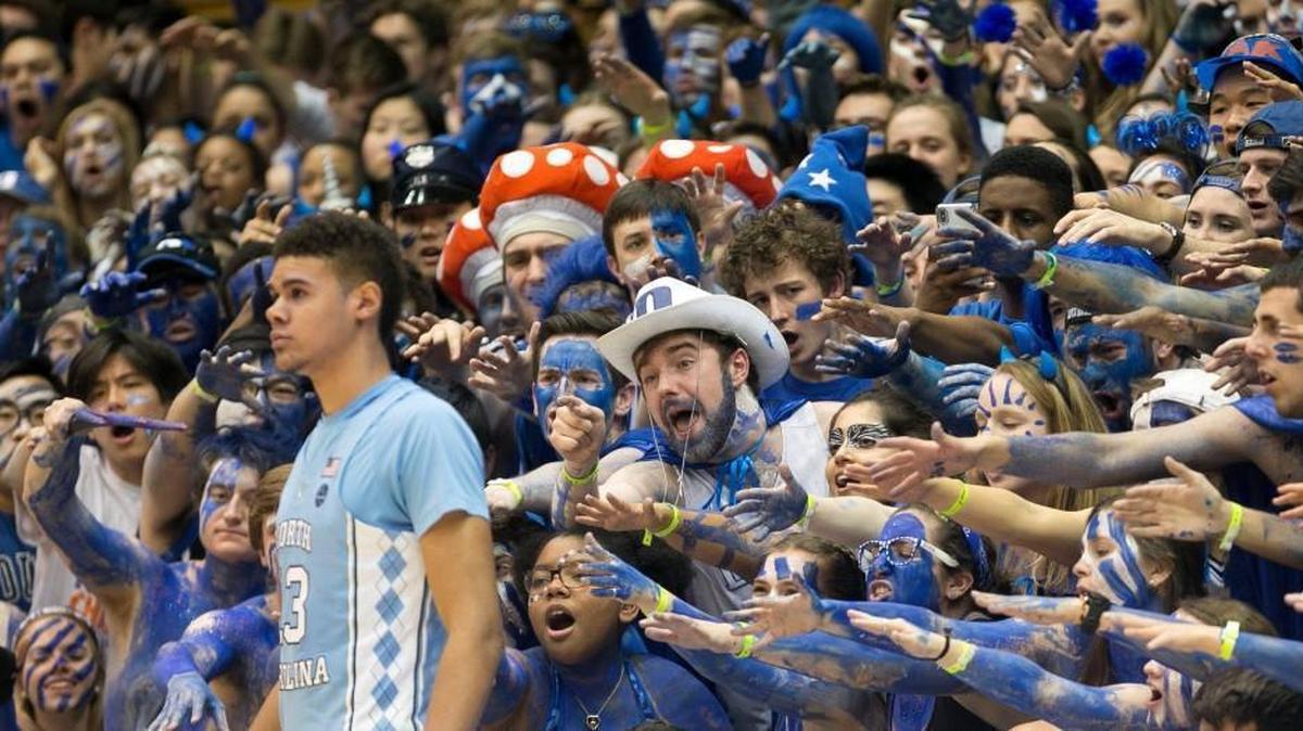 The Cameron Crazies harass North Carolinas Cameron Johnson as he waits to inbound the ball in the second half on Saturday at Cameron Indoor Stadium in Durham.