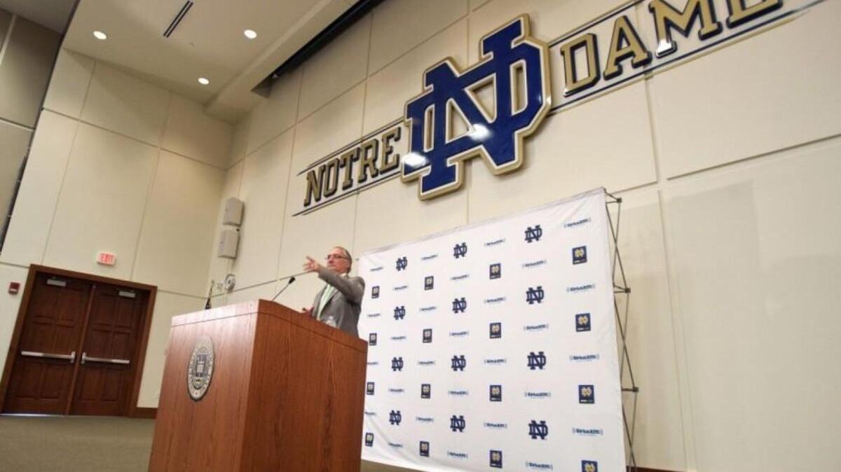 Notre Dame Athletic Director Jack Swarbrick’s department is overwhelmingly white, but the school’s president rejected a request by the NCAA to sign a ‘diversity pledge.’ (AP Photo/South Bend Tribune, Robert Franklin)