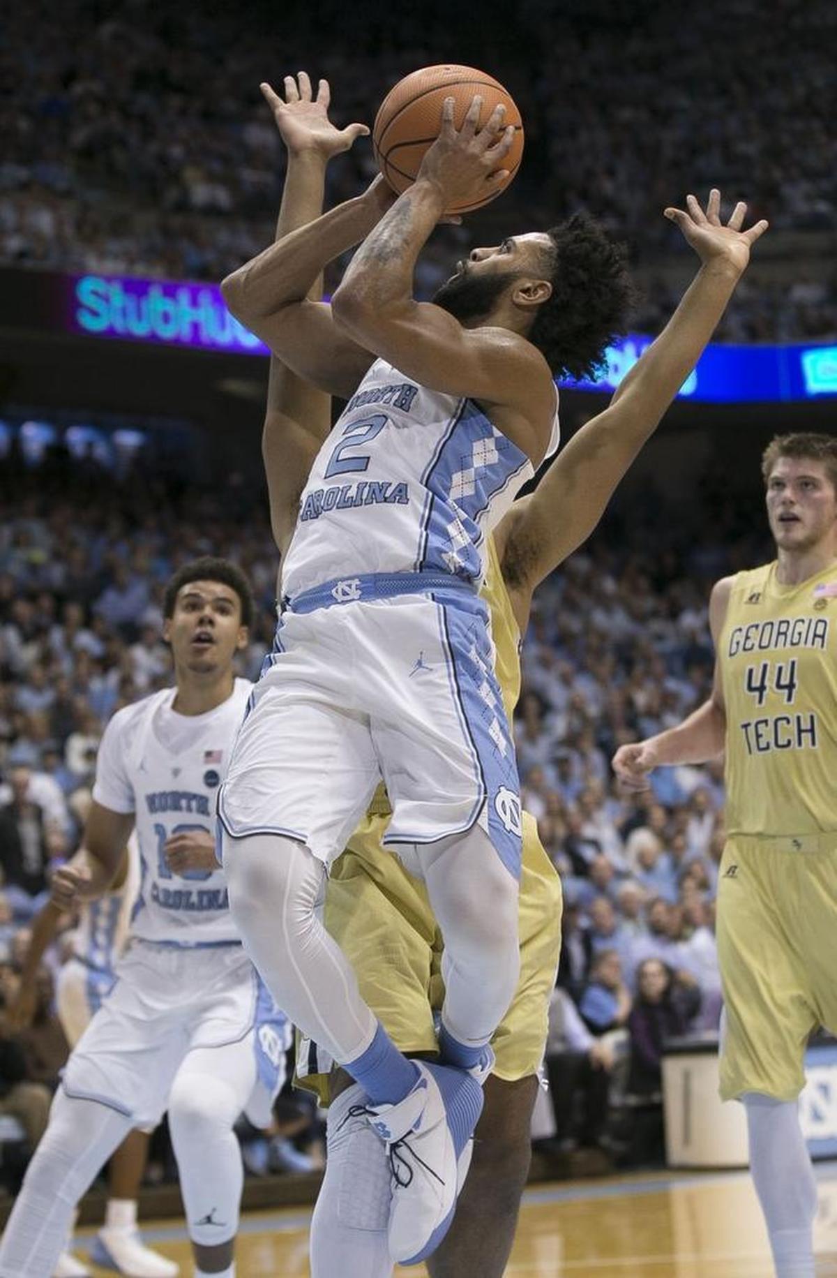North Carolina’s Joel Berry II (2) drives to the basket against Georgia Tech’s Brandon Alston (4) during the first half on January 20, 2018 at the Smith Center in Chapel Hill.
