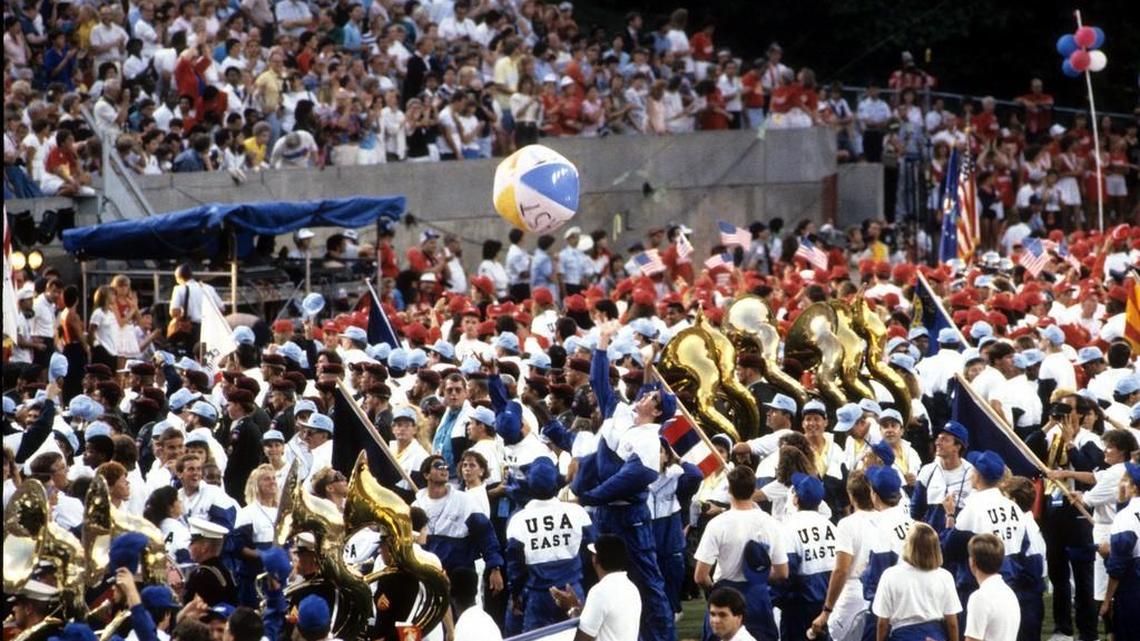 Athletes gather at Carter-Finley Stadium for the Opening Ceremonies of U.S. Olympic Festival-’87.