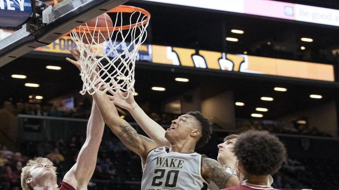 Wake Forest forward John Collins (20) goes to the basket during the second half of an NCAA college basketball game against the Boston College in the Atlantic Coast Conference tournament, Tuesday, March 7, 2017, in New York. Wake Forest won 92-78.