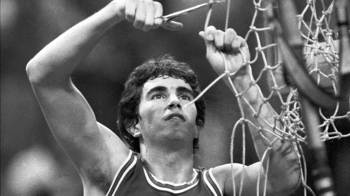 NC State's Terry Gannon helps cut down the nets following the Wolfpack's ACC tournament Championship game win in 1983.