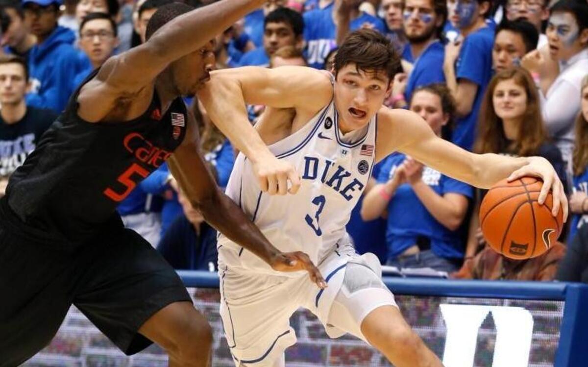 Duke's Grayson Allen (3) drives around Miami's Davon Reed (5) during the first half of the Blue Devils' game against Miami at Cameron Indoor Stadium in Durham, N.C., Saturday, Jan. 21, 2017.