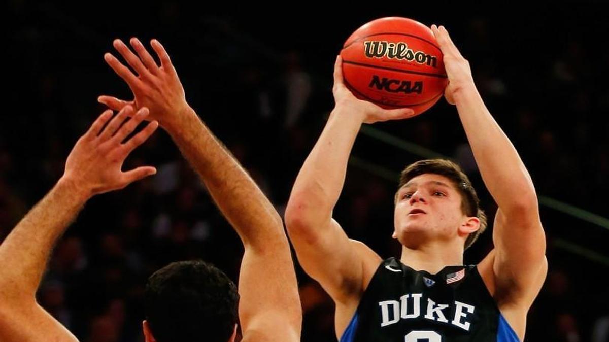 Duke’s Grayson Allen (3) puts up a shot in the first half between VCU’s Ahmad Hamdy-Mohamed (23) and Melvin Johnson (32) during the 2K Classic at Madison Square Garden in New York City.