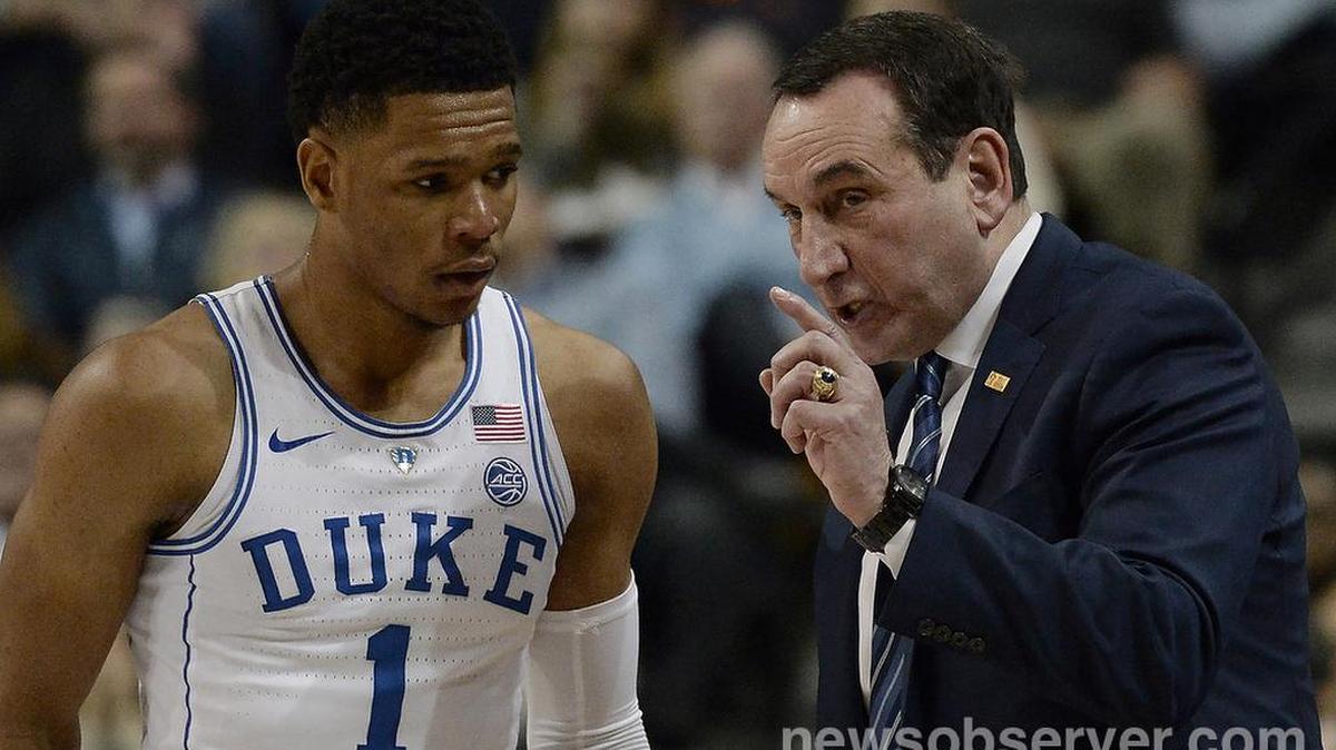 Duke head coach Mike Krzyzewski gives instructions to Trevon Duval (1) in the first half. UNC defeated Duke 74-69 in the semifinal round of the ACC Tournament at the Barclays Center in Brooklyn, N.Y., Friday March 9, 2018.