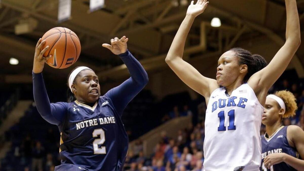Duke’s Azura Stevens defends Notre Dame’s Arike Ogunbowale on Feb. 1. Stevens missed the last seven games of the regular season due to a torn plantar fascia.
