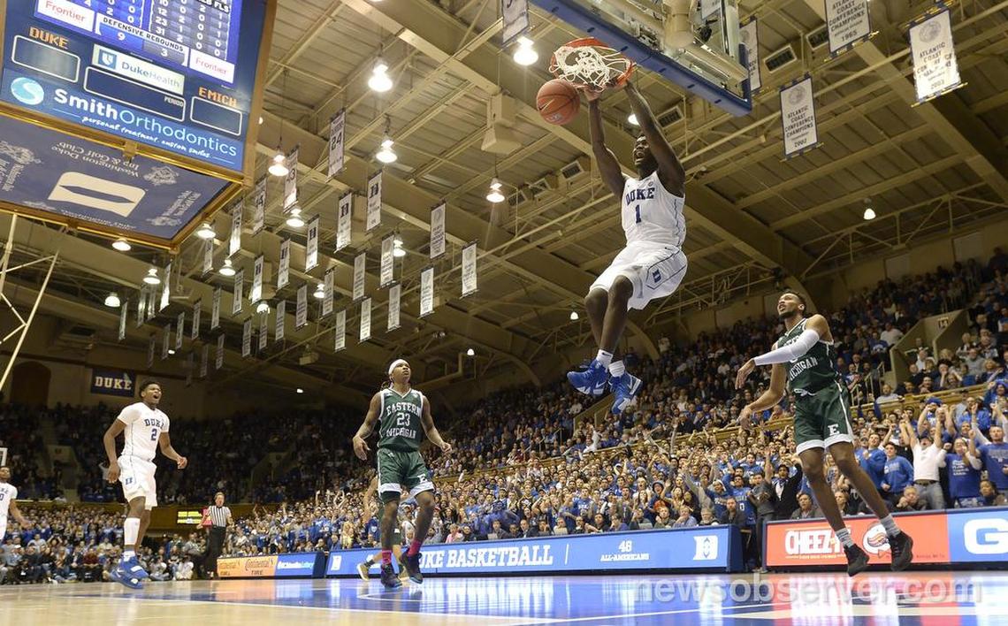Duke forward Zion Williamson (1) goes in for a first half dunk over Eastern Michigan. Duke battled Eastern Michigan at Cameron Indoor Stadium In Durham, N.C. Wednesday, Nov. 14, 2018.