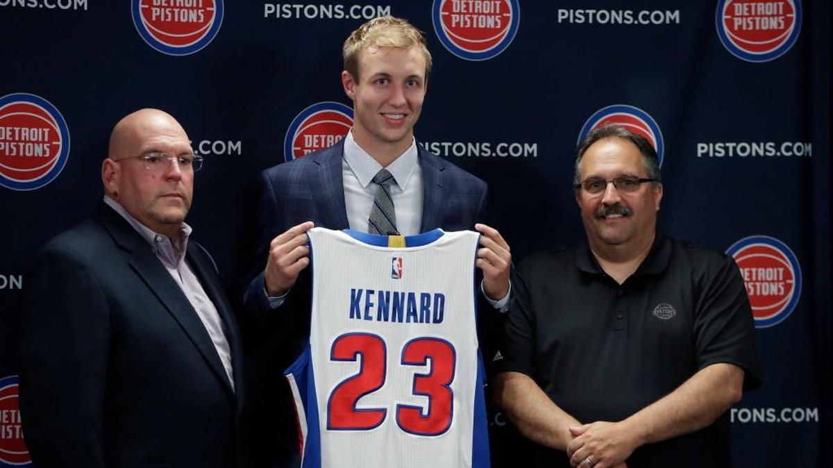 Detroit Pistons’ first-round draft pick, Luke Kennard, center, stands with Jeff Bower, general manager, left, and Stan Van Gundy, president of basketball operations and head coach after Kennard was drafted by the Pistons on June 22.