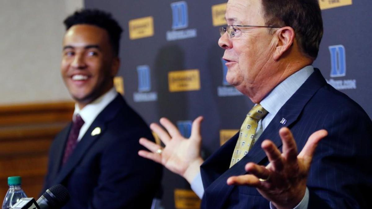 From left, former Duke football player Blair Holliday, badly injured in a 2012 jet ski accident, holds a press conference with Duke football head coach David Cutcliffe, in the Duke Media room at Cameron Indoor Stadium, Thursday, May 12, 2016. Holliday, now 23, has come back to walk again, and has resumed his life - but without football.
