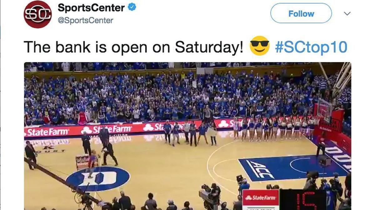 A screenshot of a SportCenter video post of a Duke University student hitting a half-court shot to win $18,000 during College GameDay activities Saturday, March 3, 2018.