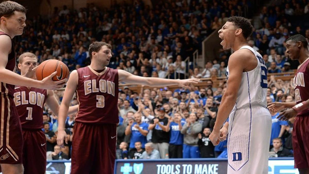 Duke guard Derryck Thornton (12) reacts after hitting a first half basket and being fouled during their game against Elon at Cameron Indoor Stadium, Monday, December 28, 2015 in Durham.