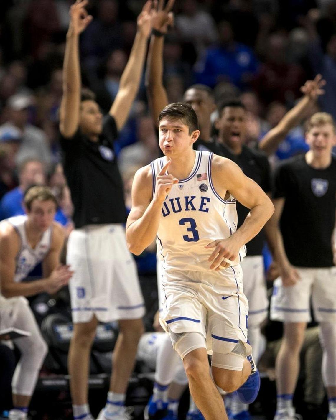 Duke’s Grayson Allen (3) reacts after scoring a three point basket against South Carolina during their NCAA Tournament game in March 2017.